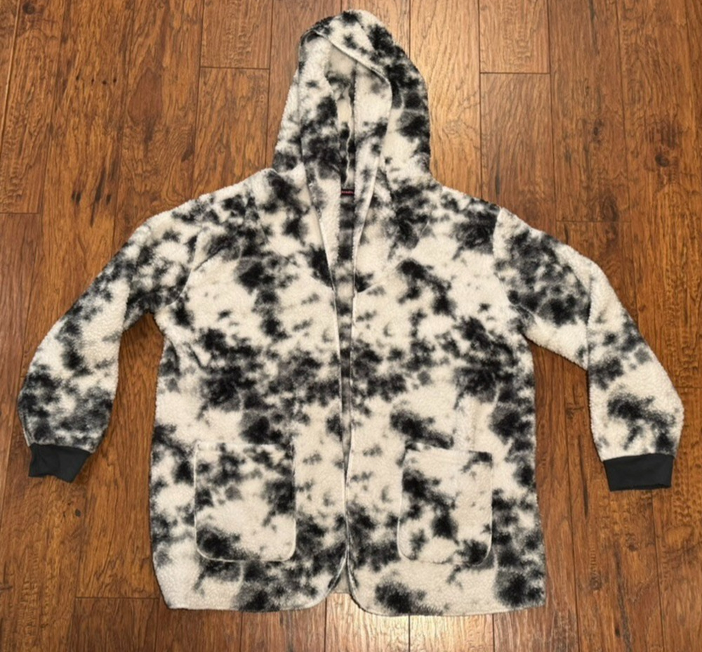 Weekending Sherpa Black/White Fleece Hooded Open Front Cardigan Long Sleeve - 2X